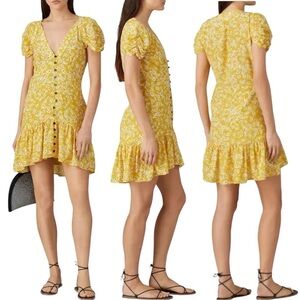 WISH Golden Bloom Floral Crepe V-Neck Short Sleeve Ruffle Hem Dress Size Medium